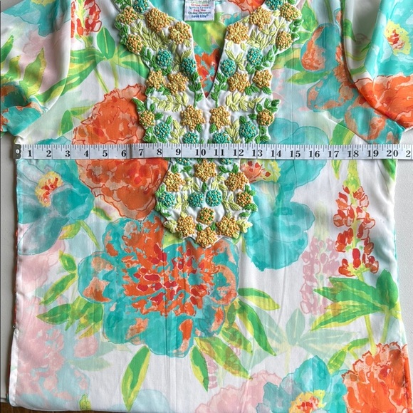 Gretchen Scott Designs Floral Tunic Blouse 3/4 Sleeve Crochet Knit Flowers - Picture 12 of 16